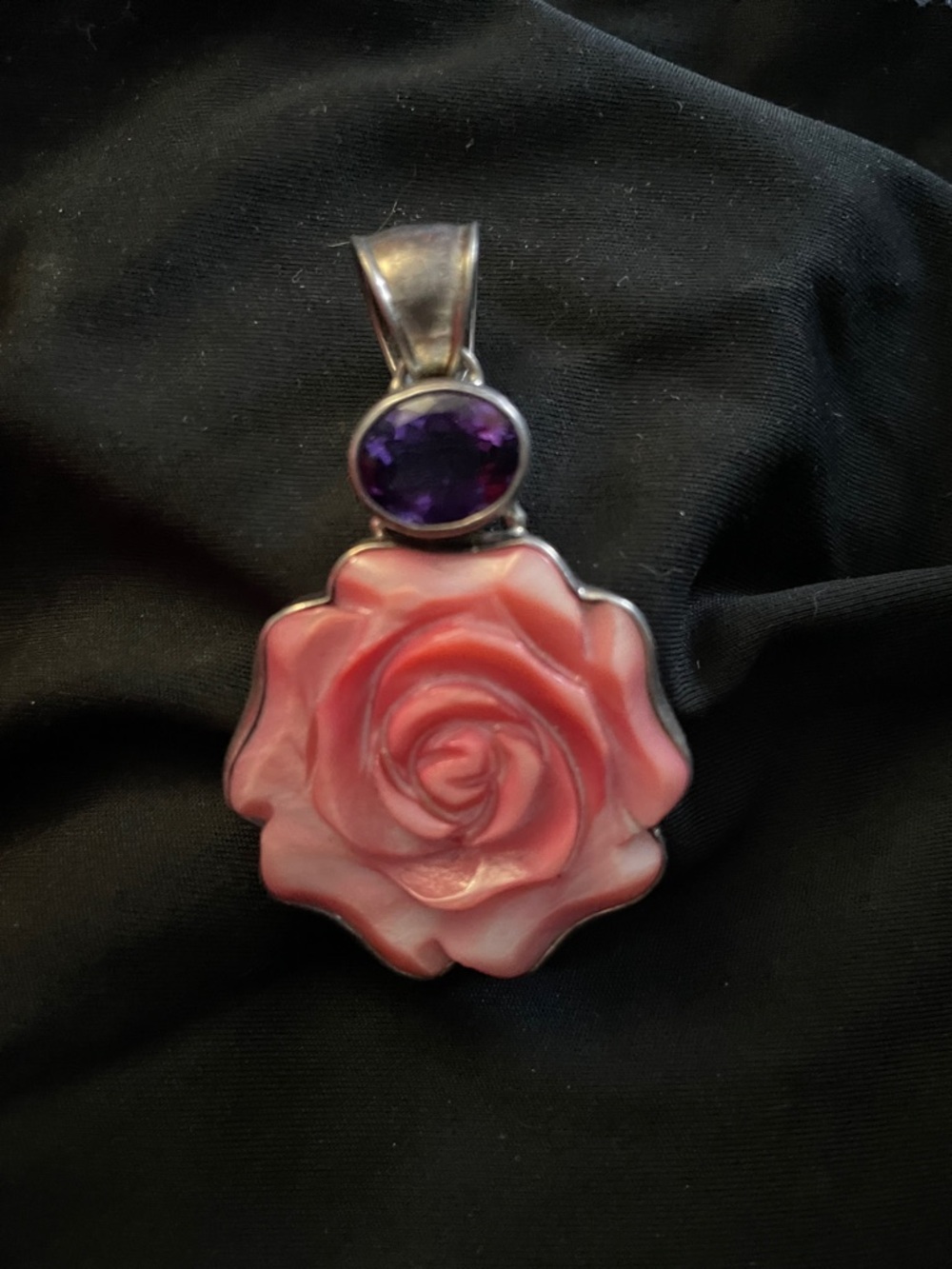 Pink Rose Carved Pendant with Purple Gemstone Accent